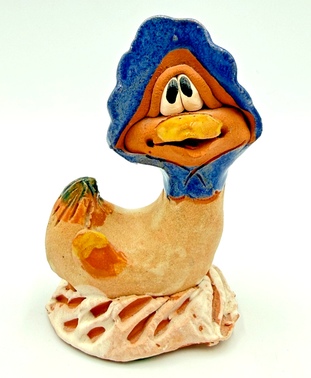 Vintage Max Hindt Studio Art Clay Pottery Duck Chicken w/ Bonnet Figurine Farm